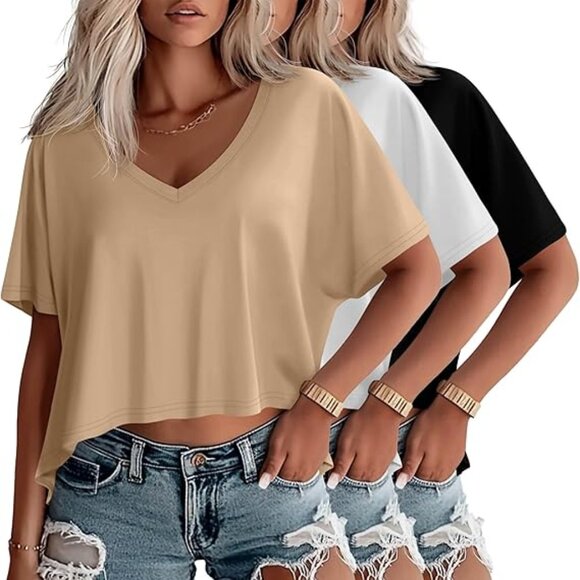 3 Pack Oversized T Shirts for Women Short Sleeve Crop Tops V Neck Baggy Cropped - Picture 1 of 5